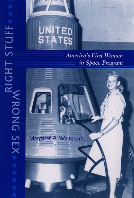 Scan of a book cover with a blue-colored photo of a female astronaut candidate standing beside a Mercury spacecraft.