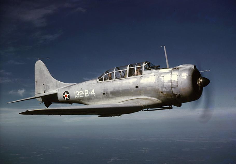 Right side aerial view of U.S. Marine Corps SBD-1 Dauntless (132-B-4), member of Scout Bomber Squadron 132 from the Quantico, Virginia, ca. 1941.
