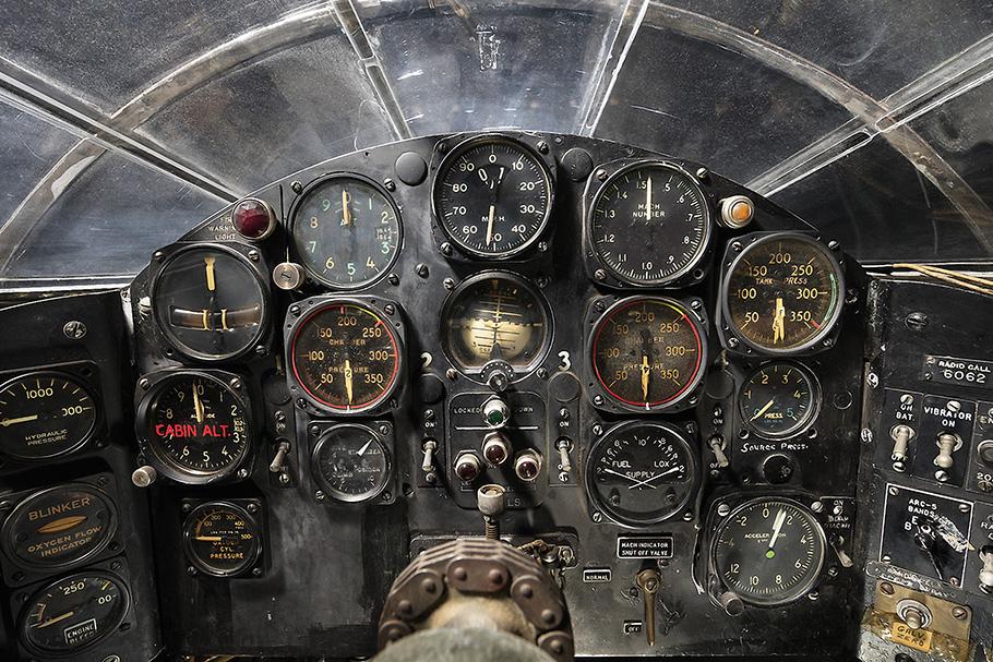 The analog instrument panel of the 1947 Bell X-1 reflects the technology of the time: multiple needle-and-dial displays and metal switches.