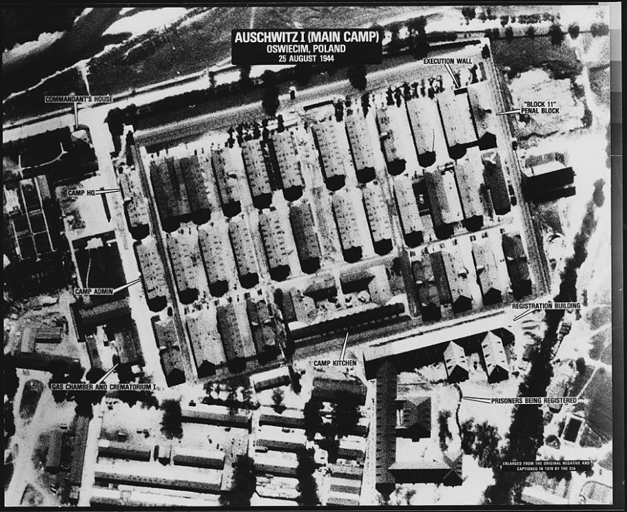 An aerial photograph of a rectangular enclosure with various points of interest noted such as the camp kitchen and gas chambers.