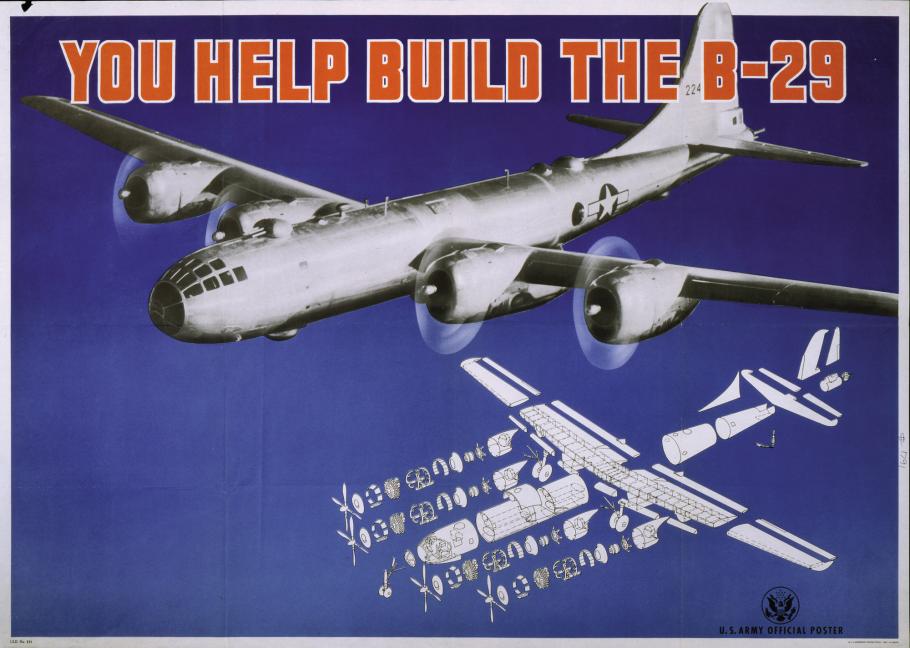 Blue poster with photo of B-29 and words "You Help Build the B-29"