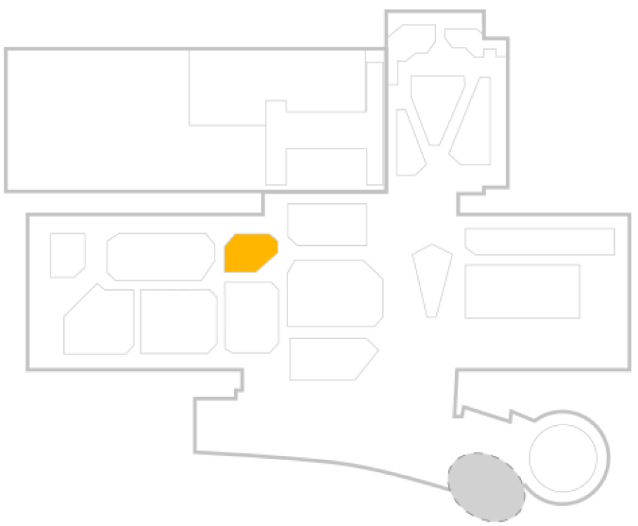 Map of Udvar-Hazy Center highlighting the display in the main hanger, 2 sections to the back left.