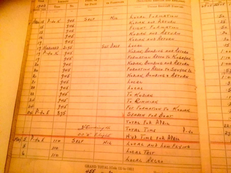 A photo of a page from Flight Lieutenant Robert W. Lynch’s logbook, 1943.
