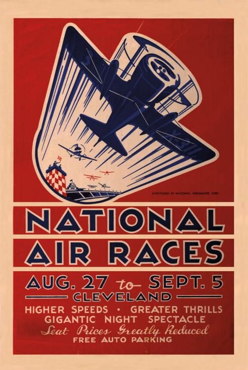An art deco style poster with a blue plane flying against a red background advertises the National Air Races in Cleveland, Ohio.