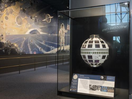View of Telstar 1 on display in the Boeing Milestones of Flight Hall