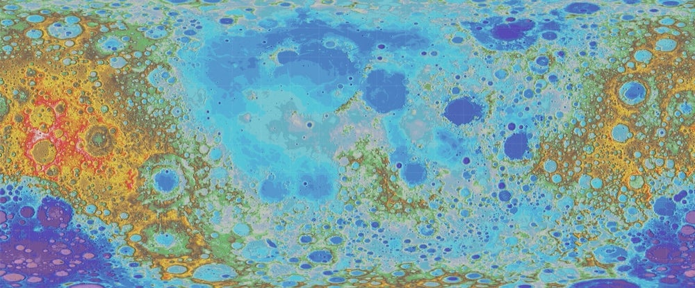 This map shows the highs and lows over nearly the entire Moon, using colors for elevation 