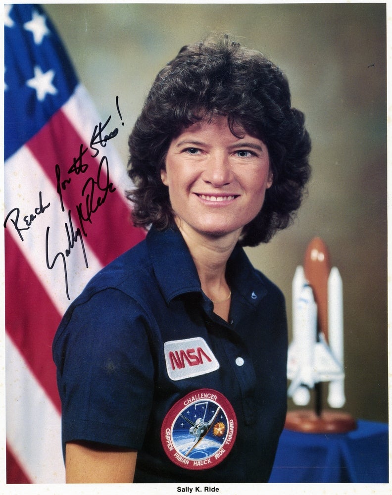 color portrait of Sally Ride with signature