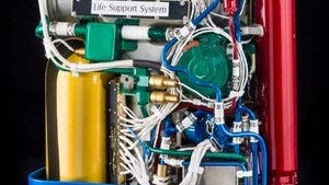 A backpack-sized mass of green, blue, red, yellow and white wires and canisters with the words 'Oxygen Purge Sytem' at the top and 'Life Support System' in the middle.