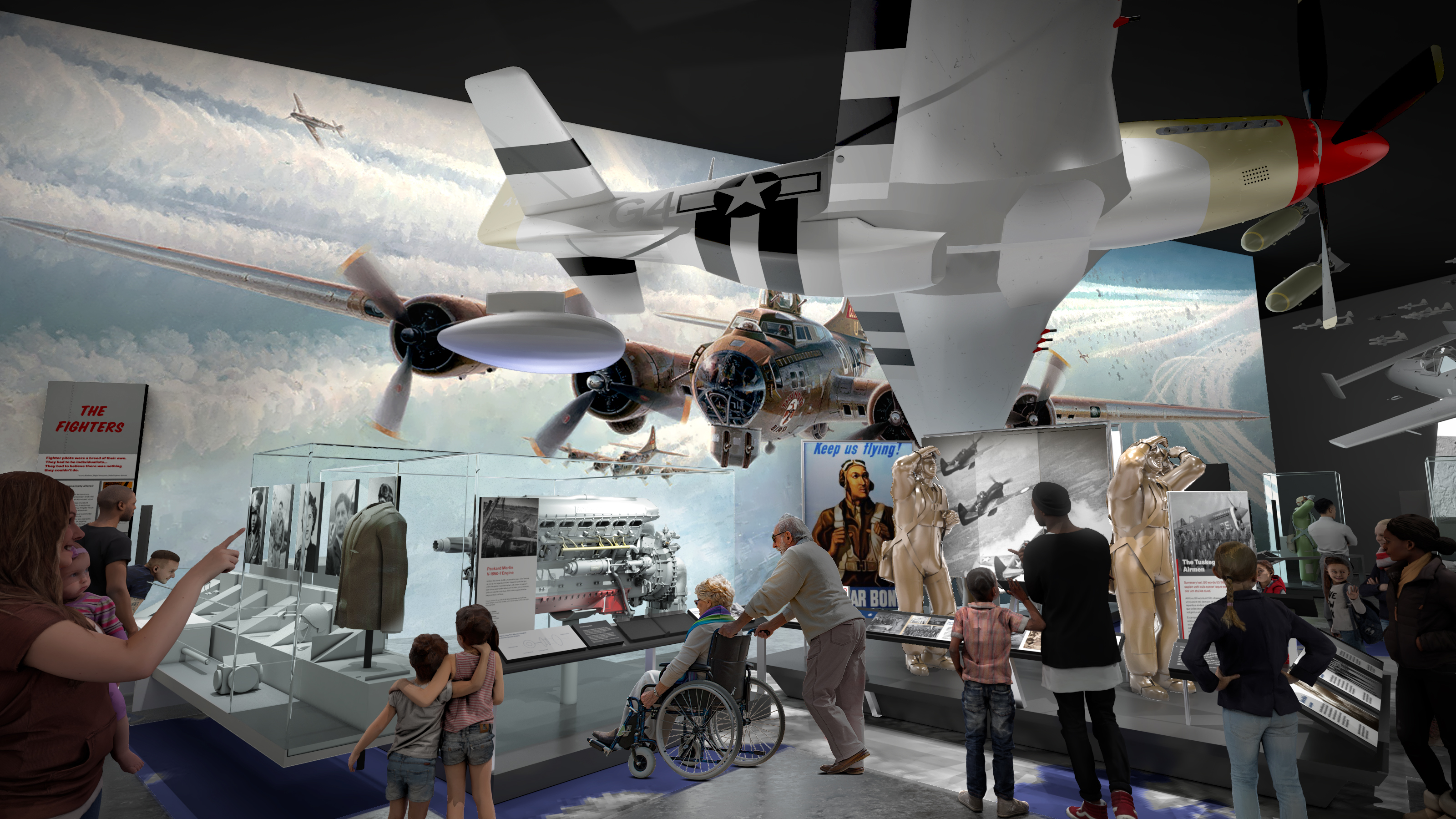 A rendering of an exhibition featuring information about the Tuskegee Airmen.