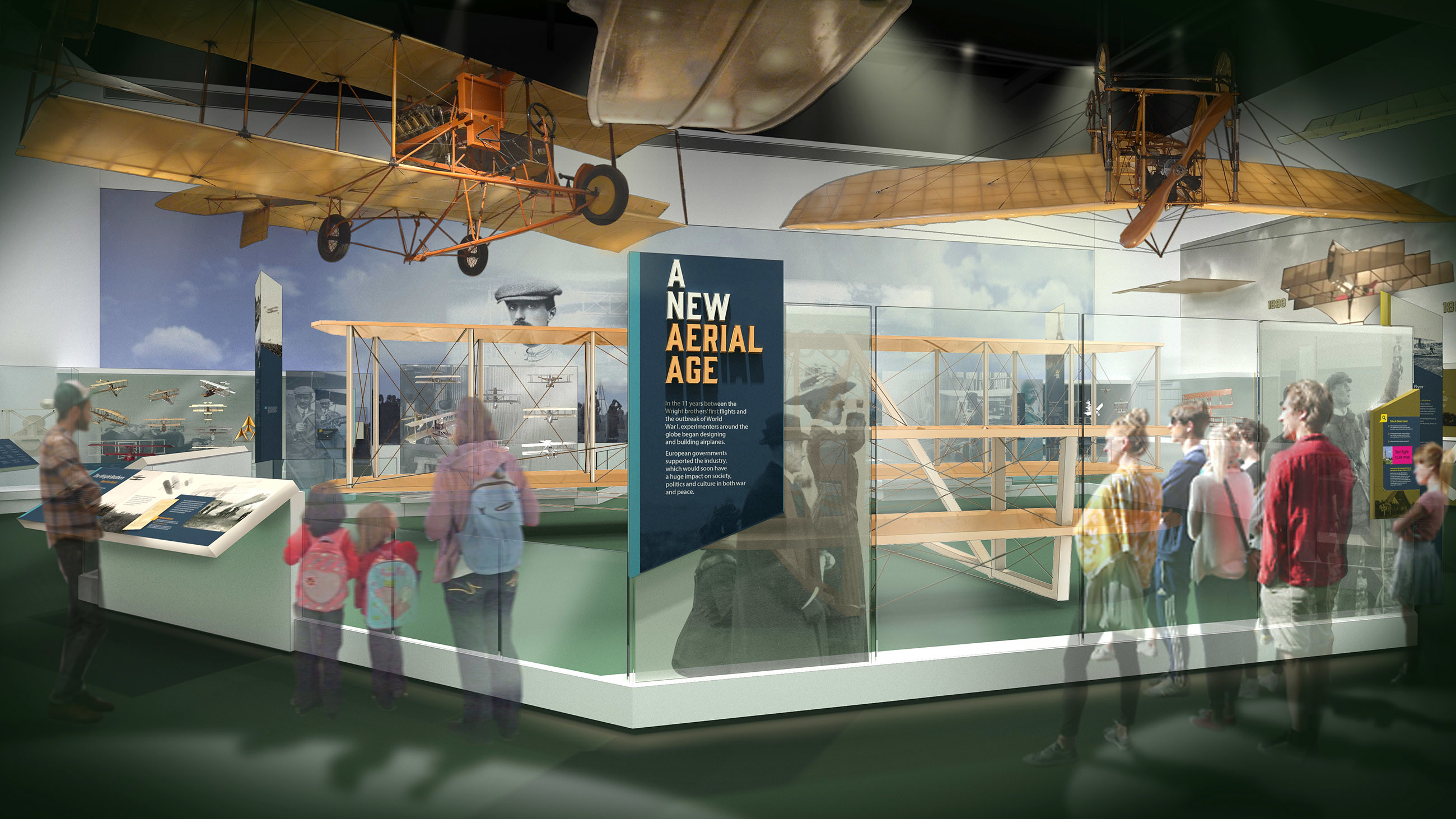 An artist's rendering showing a gallery with old planes.