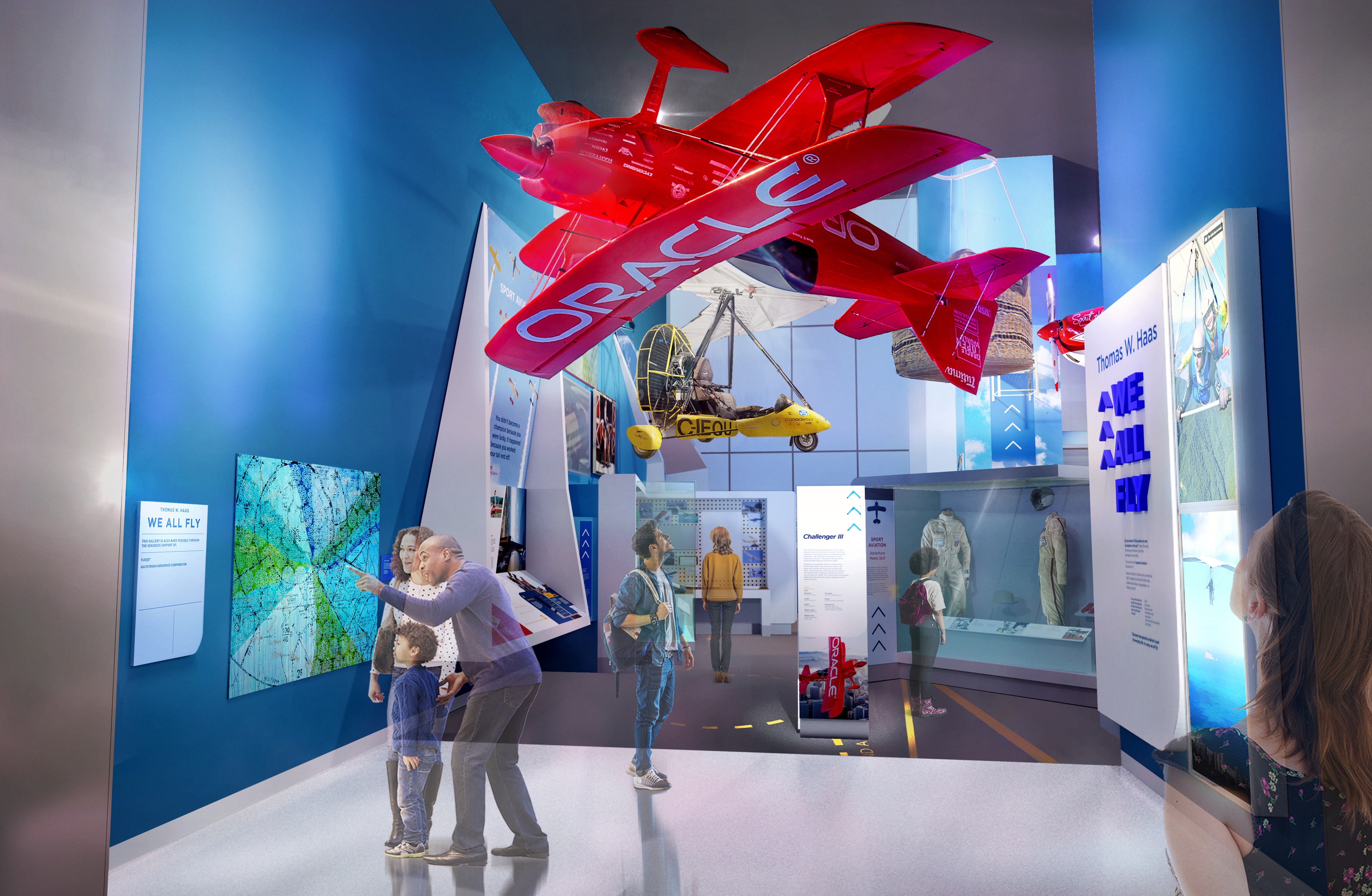 An artist's rendering of a gallery with a plane suspended upside down aloft.
