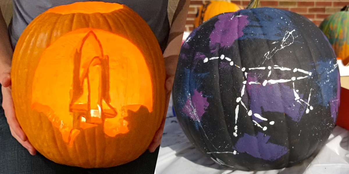 Two pumpkins decorated with space themes, one showing a space shuttle launching and the other showing constellations.