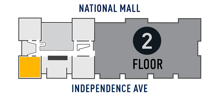Map of the second floor of the National Air and Space Museum's Washington, D.C., building, highlighting in yellow Gallery 205 on the south side of the building, three rooms west of center