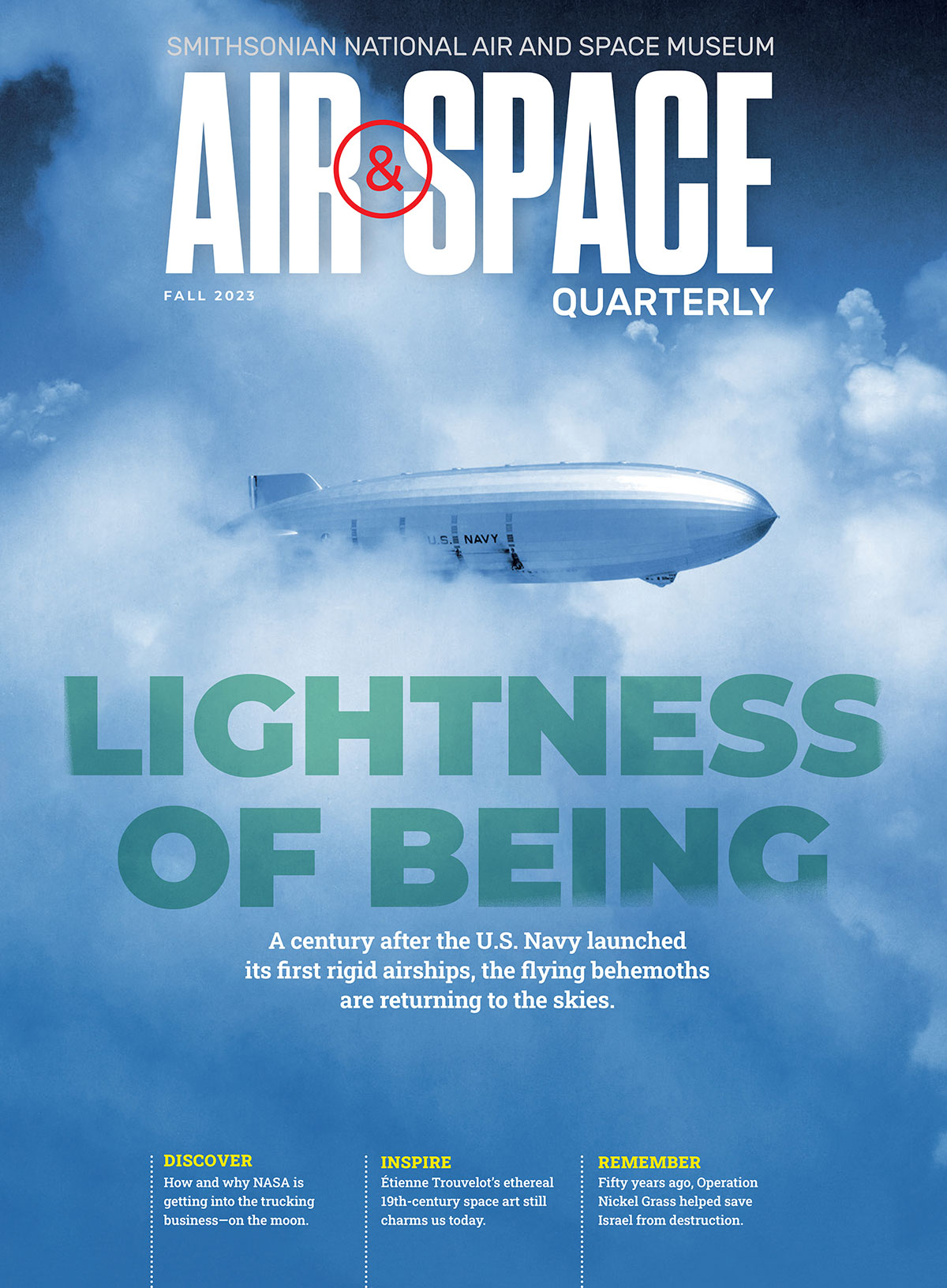 An airship flying through the clouds placed under "Air & Space Quarterly" and above "Lightness of Being" text.