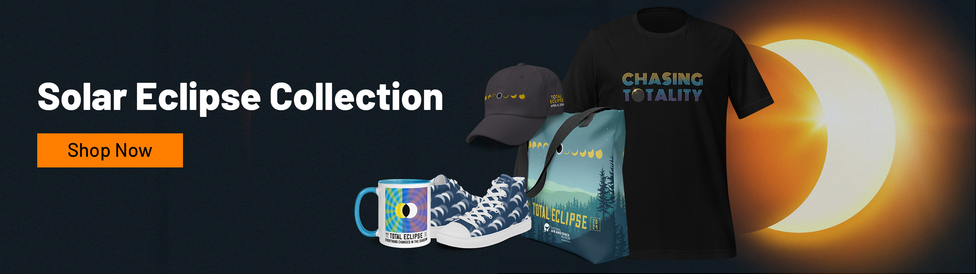A banner that reads Solar Eclipse Collection, Shop Now. On the banner are images of a t-shirt, bag, hat, shoes, and mug with eclipse-inspired designs. The background is an image of an eclipse.