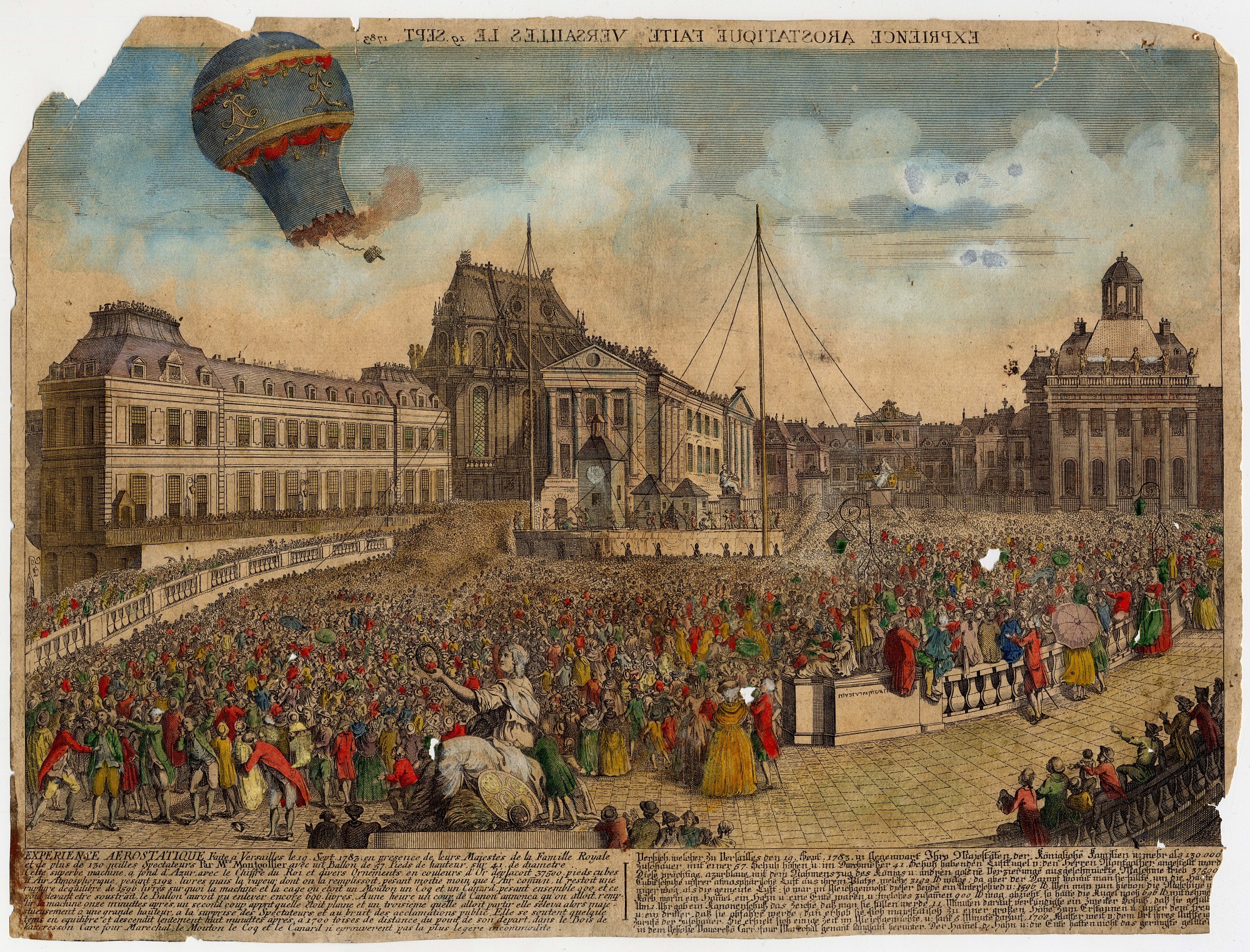 Colored artwork on paper showing a crowd watching a balloon craft fly in the air.