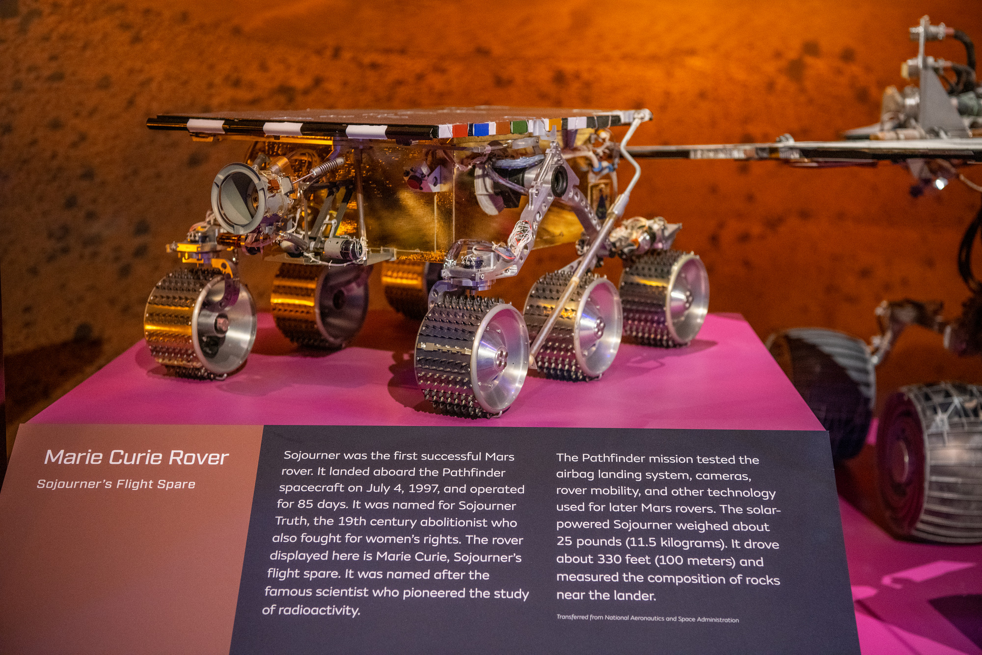 The rover is a six-wheeled vehicle mounted on a "rocker-bogie" suspension. It has 6 wheels, each with its own drive motor. Four of the wheels are steerable. 