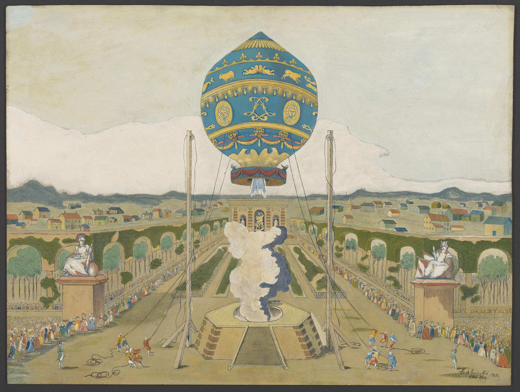 Historical artwork of the Montgolfier brothers' first public balloon demonstration at Versailles in 1783. The image features a large, decorated balloon tethered to the ground, with figures of royalty observing from a stylized garden, and crowds gathering around to watch the spectacle.