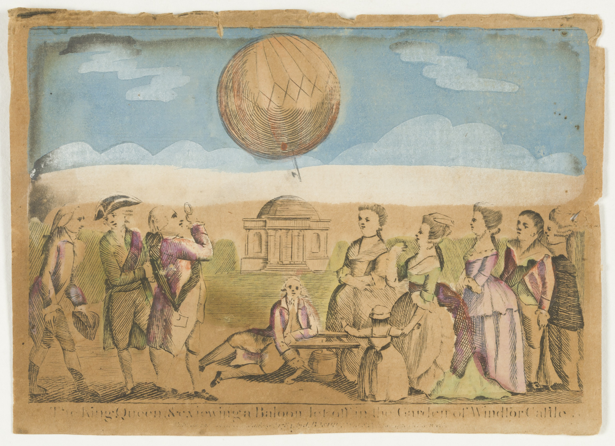 Historical illustration depicting a group of people watching a balloon fly. The spectators are elegantly dressed.