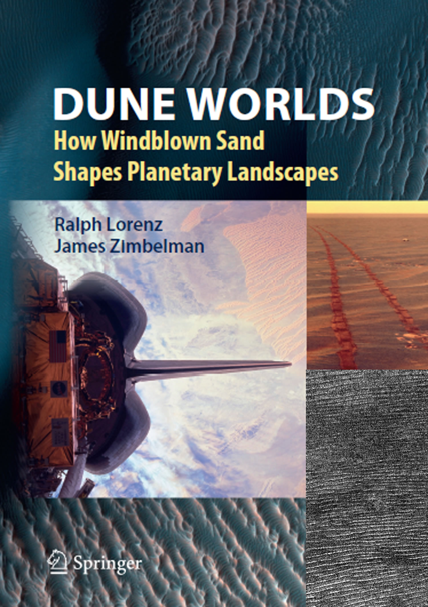 Book cover for a book about sand dunes on terrestial planets featuring various sand dune landscapes on Mars.