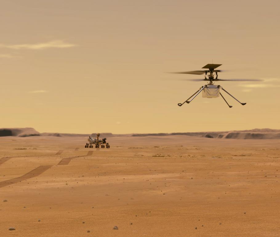 An artists rendering, showing Ingenuity, a drone like small helicopter, flying ahead of the Perseverance Rover. Here you can see five of Perseverance's wheels and its "body" with a head-like camera emerging from the middle.
