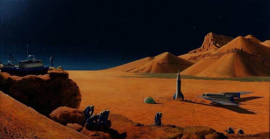 A painting depicting the Martian surface with spacecraft on it. 