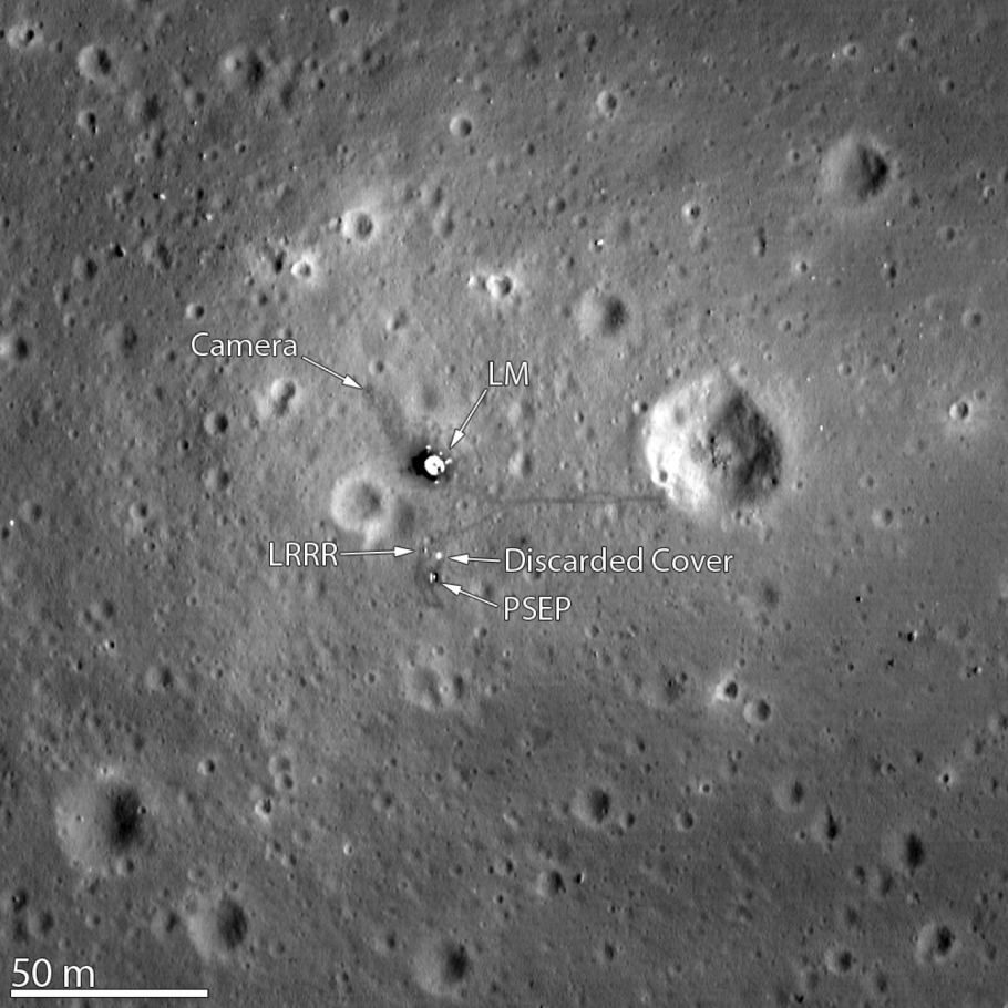 An image of the Apollo 11 landing site with the camera and lunar module location denoted.