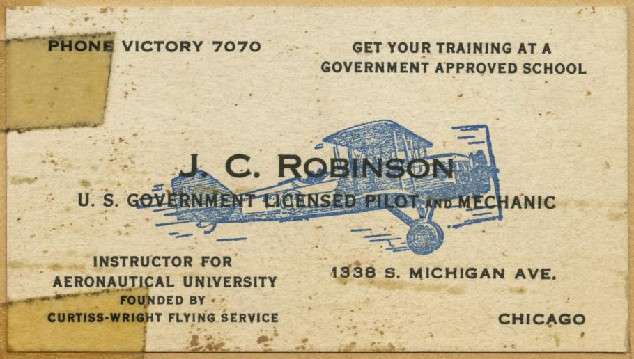 A manila business card with a blue airplane and details for reaching J.C. Robinson U.S. Government Licensed Pilot and Mechanic