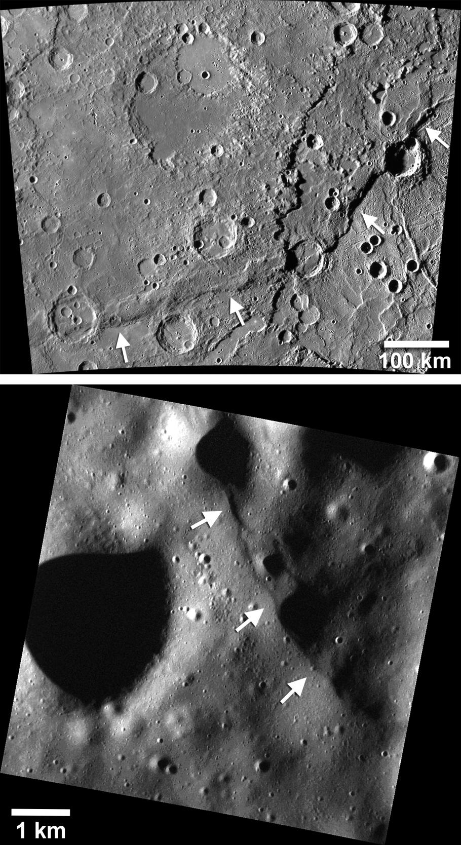 Two perspectives of the surface of Mercury show that tectonic landforms called lobate scarps (rising of land) are visible in large and small forms on the planet.