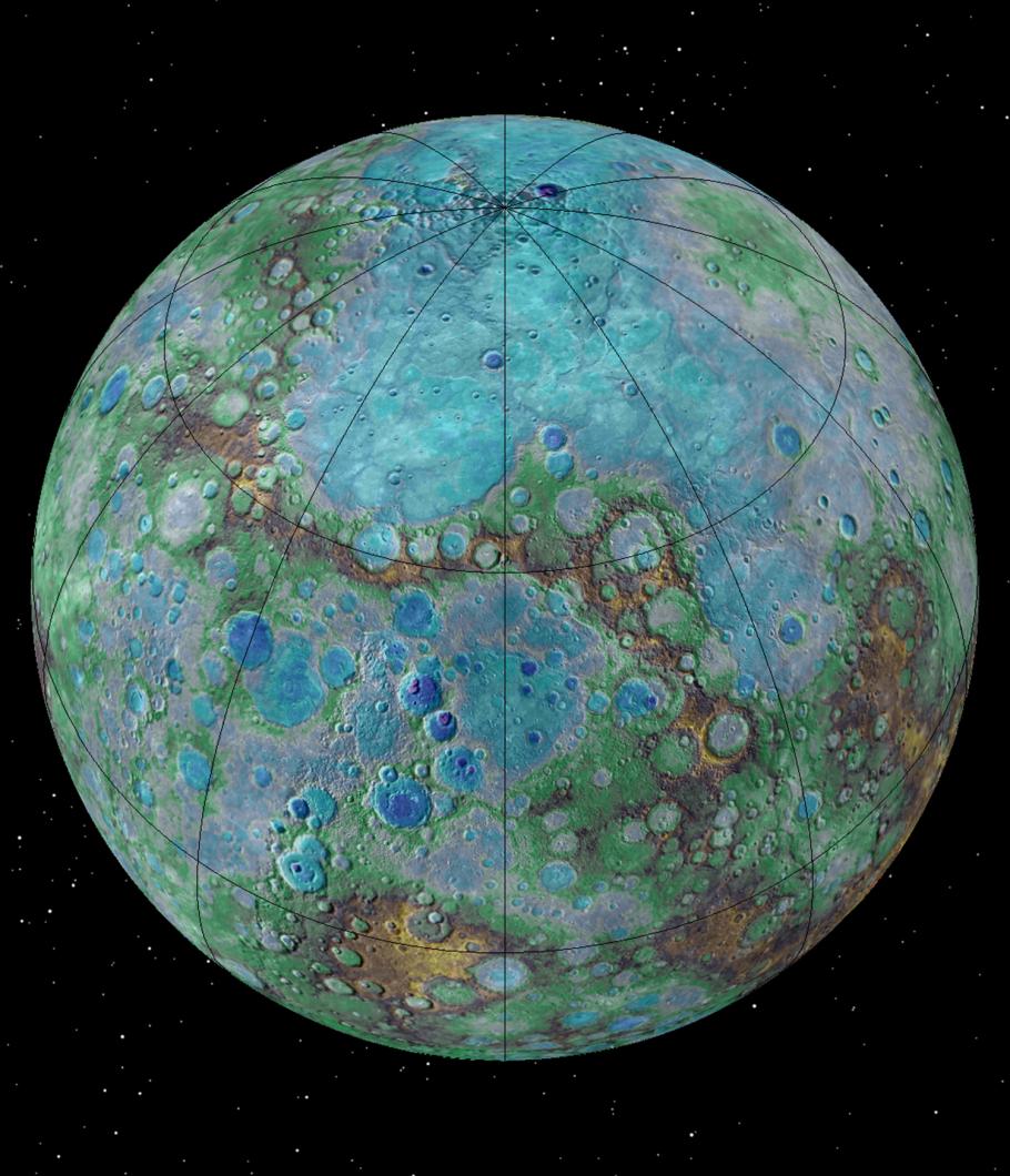 Semisphere of Mercury with topography details using multiple colors to detail altitude highs and lows.