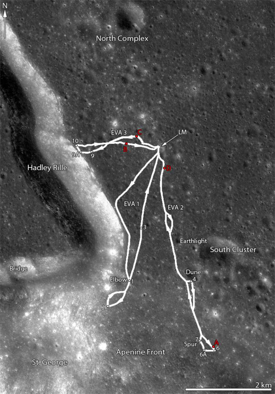 A map of where Apollo 15 travelled on the moon.