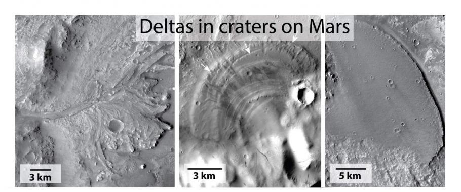 Three craters on Mars, shown in black and white.