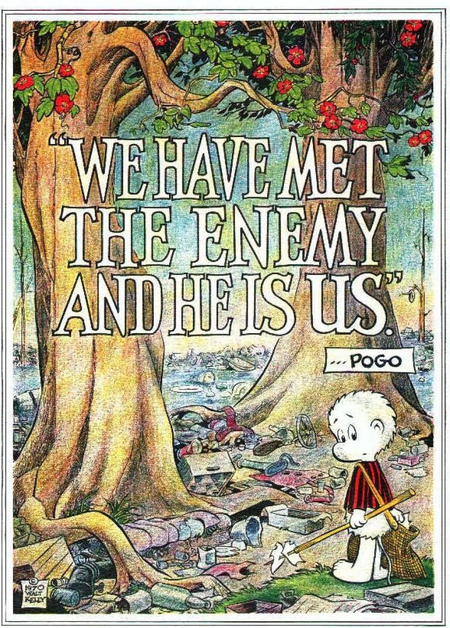 Drawing that says "WE HAVE MET THE ENEMY AND HE IS US"
