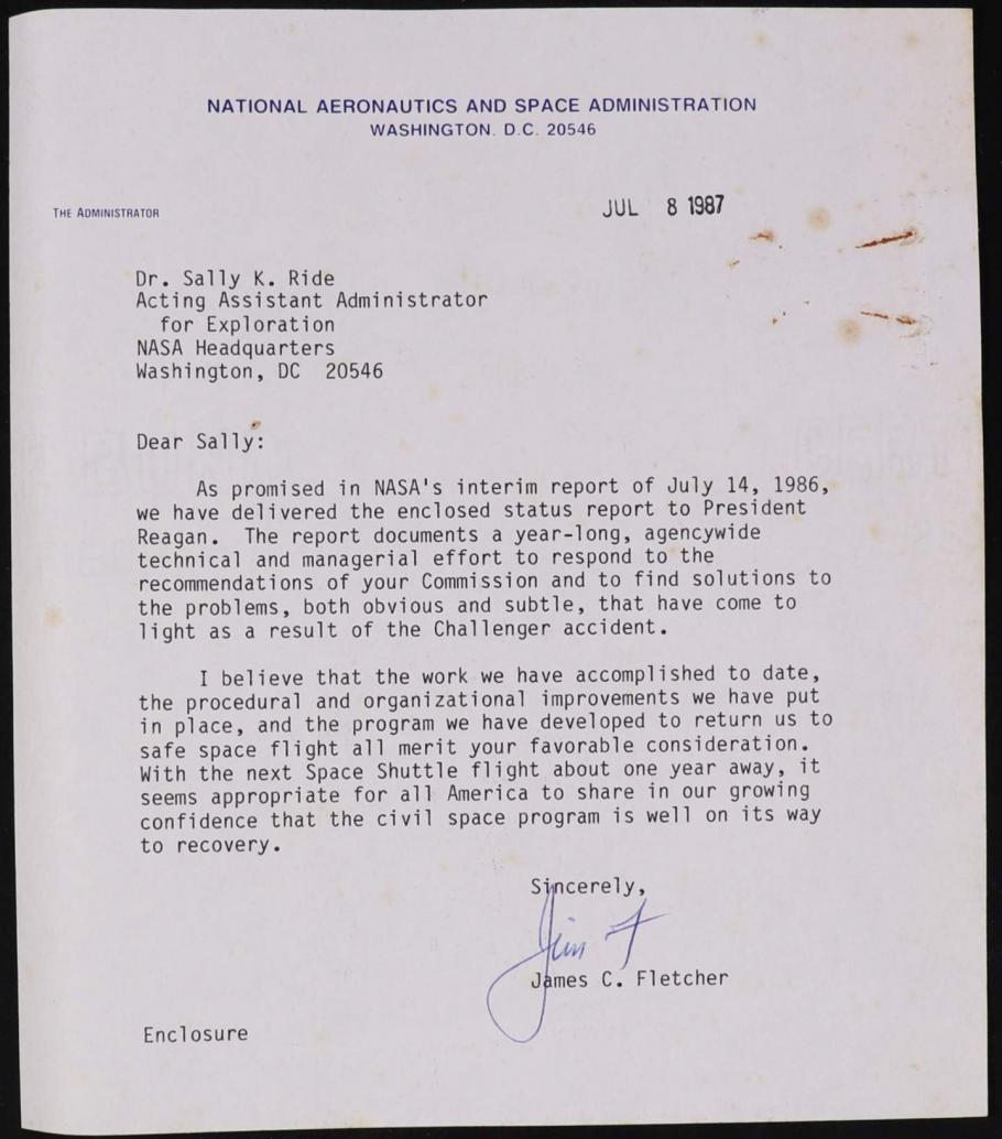 A typerwritten letter to Sally Ride on NASA letterhead. The letter is dated July 8, 1987.
