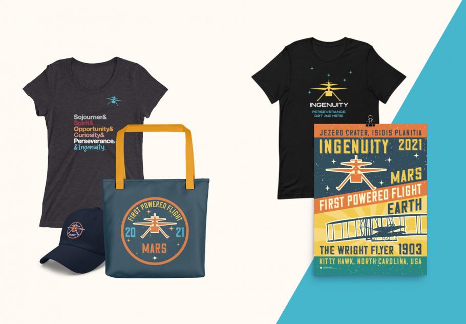 A promotional image featuring mugs, hats, tees, and totes with Ingenuity design on it. 