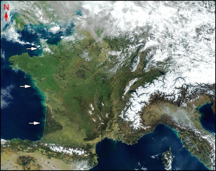 Satellite image of a country that is bordered by Italy and Switzerland.