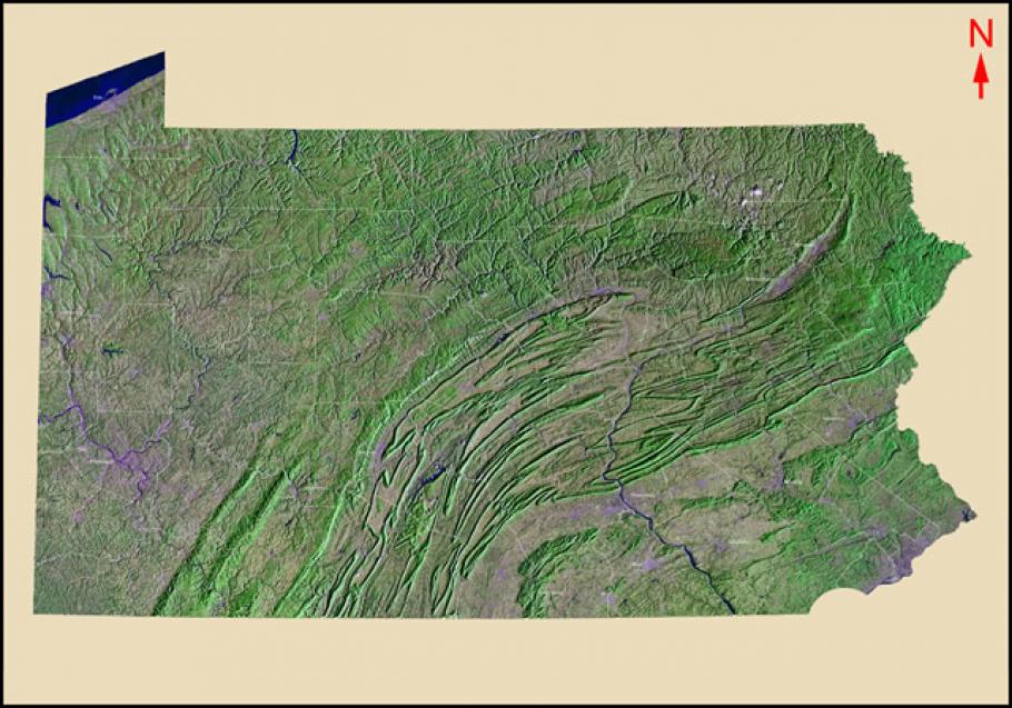 Satellite image of a state in the United States where the Appalachian Mountains cut through the state's southeast edge. 