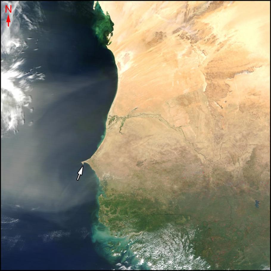 Satellite image of Senegal. An arrow points to the city of Dakar.