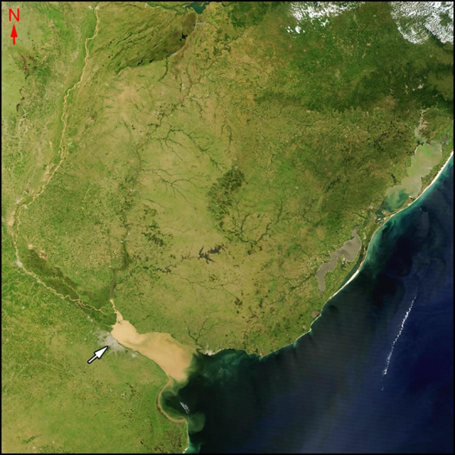 Satellite image of coastline of the Rio de la Plata. Towards the bottom of the image is the muddy Parana River. An arrow points to a city on the banks of the Parana River.