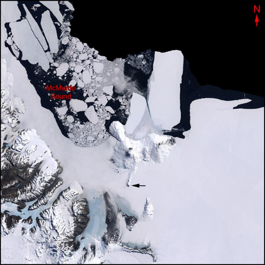 Satellite image of a large icy landmass. An arrow points to McMurdo Station and McMurdo Sound lies to the north of it.
