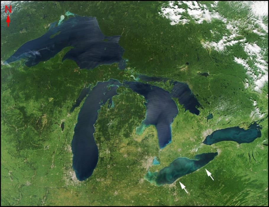 Satellite image of the Great Lakes in the United States. An arrow points to the southernmost lake.