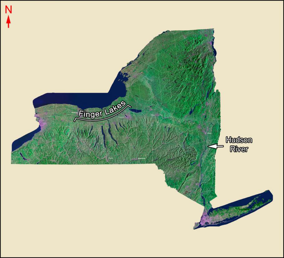 Satellite image of a state in the United States that contains both the Finger Lakes and the Hudson River.