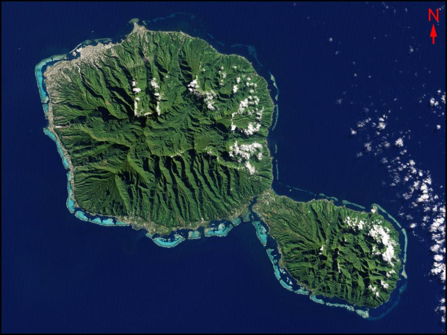 Satellite image of a mountainous island in the South Pacific. 