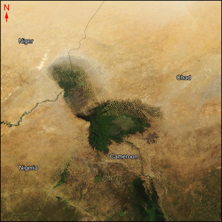 Satellite image of a lake in North Africa surrounded by the countries Chad, Cameroon, Nigeria, and Niger.
