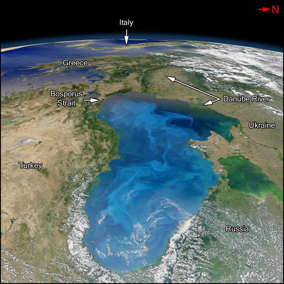 Satellite image of an inland sea. Italy and Greece are to the southwest. Turkey is to the south. Ukraine and Russia are to the north. The Danube River and the Bosphorus Strait are also connected to the sea.
