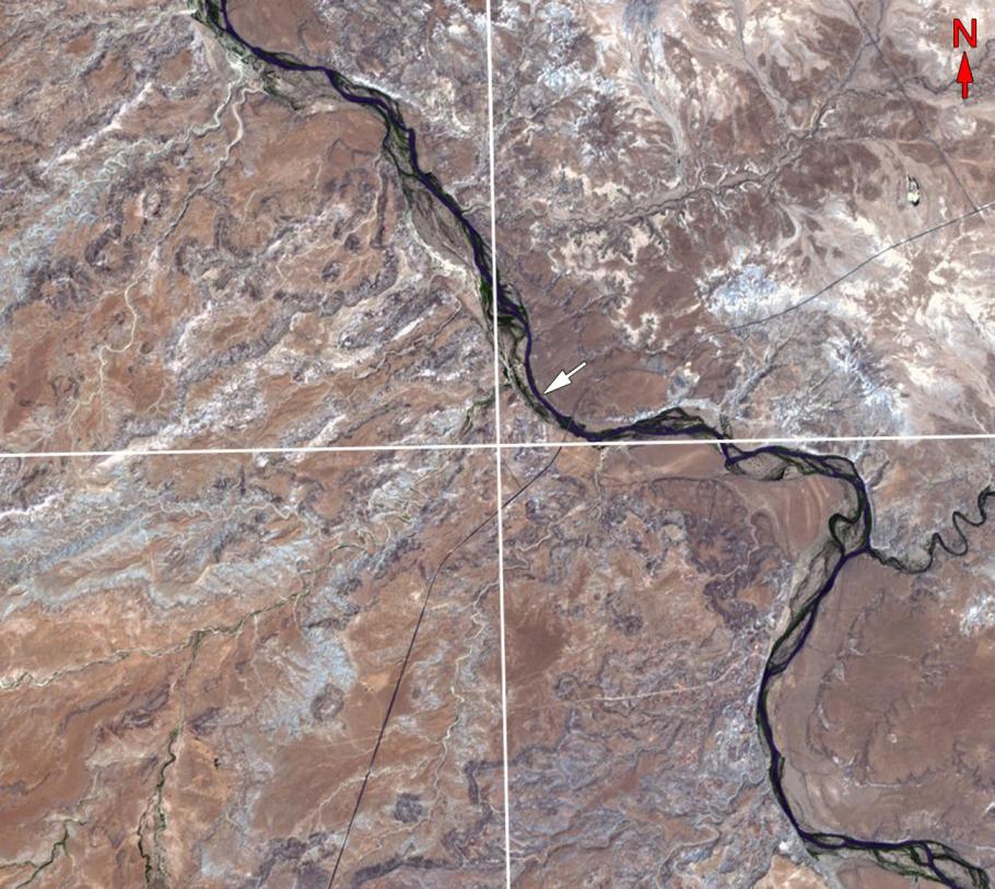 Satellite image of the San Juan River where four state boundaries meet in the United States.