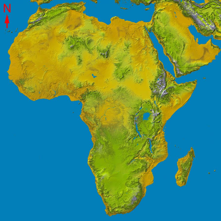 Topographic map of a land mass centered on the equator. 