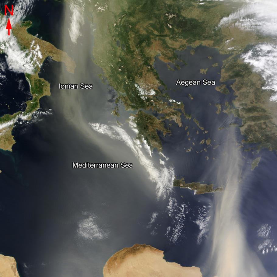 Satellite image of a land mass surrounded on three sides by the Ionian, Aegean, and Mediterranean Seas. 