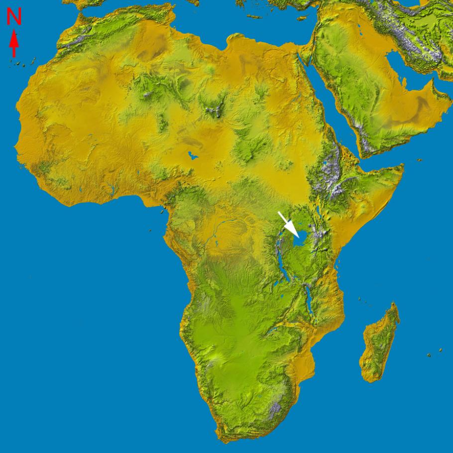 A topographic image of Africa with an arrow that points to a lake on the right-hand side of the continent. 