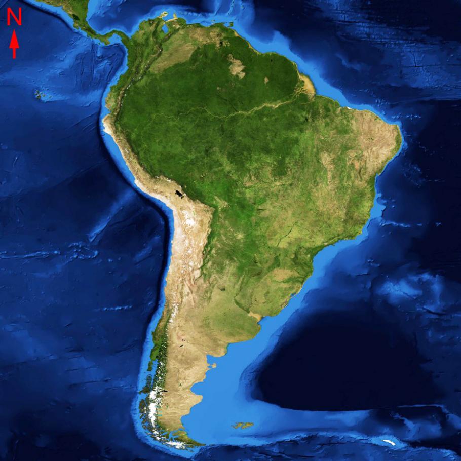 Satellite image of a land mass that is wider at the top than it is at the bottom.